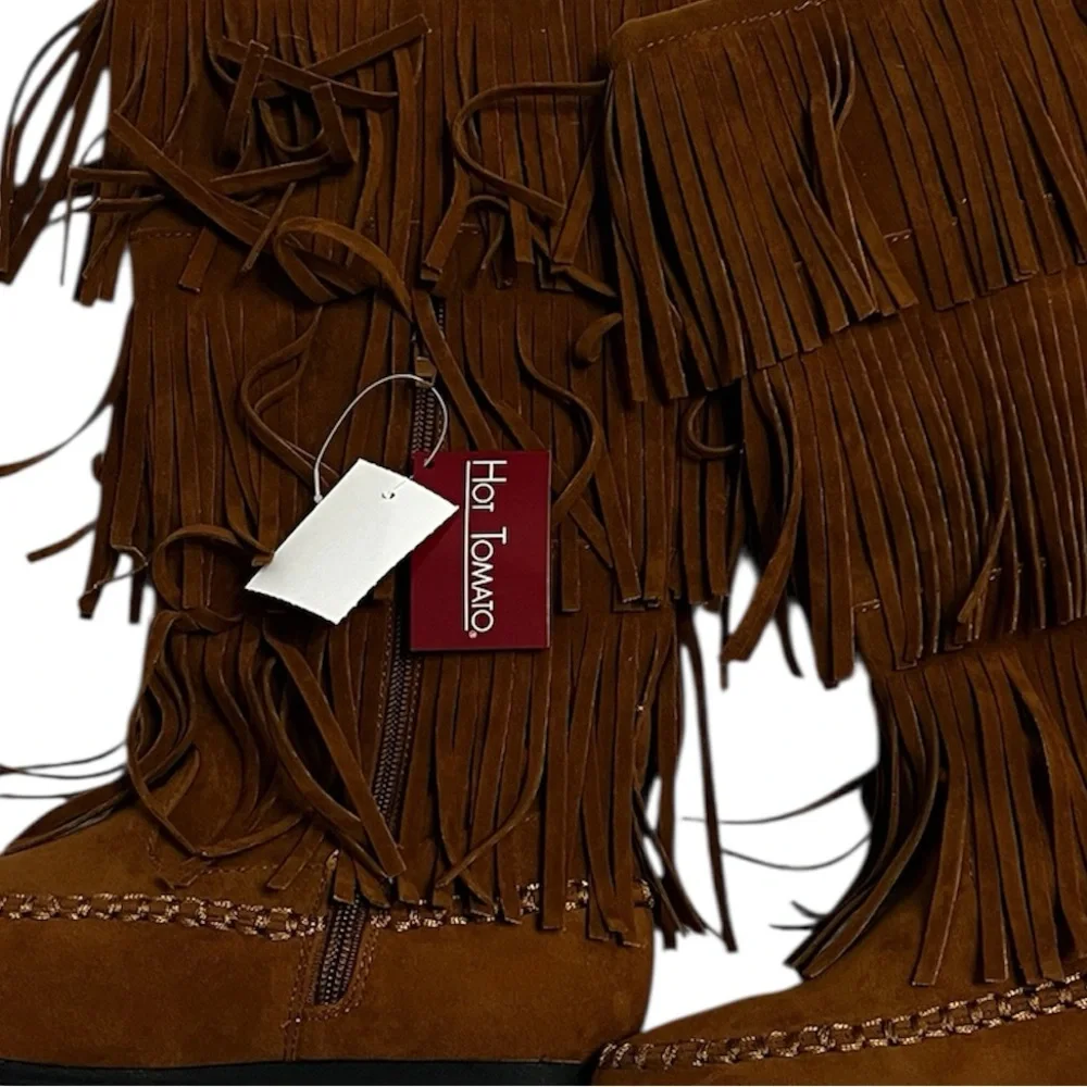 Hot Tomato Brown Fringe Calf Boots | Youth Size 4M | adult 5.5-6